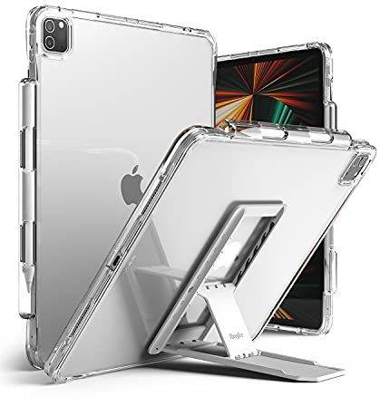 Ringke Fusion Plus mit Outstanding Kompatibel mit iPad Pro Hülle 12.9 Zoll (2022/2021) mit Stifthalterung mit Tablet Ständer Halterung Klebstoff Aufkleber - Clear & Light Gray
