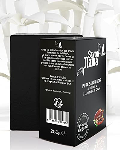 NAWA, reine schwarze Seife, Peelingseife, beruhigend und pflegend für jeden Hauttyp, für Männer und Frauen mit Butter und Kakaoschotte, 250 g