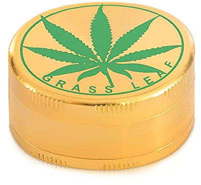 3-teiliger Premium Grinder mit Pollen Schaber | Material: Aluminium | Kräutermühle für Gewürze und andere Pflanzen. (Grinder Gold mit Pflanzenblatt) Ø 50mm Durchmesser Metall Goldfarben mit Hanfblatt