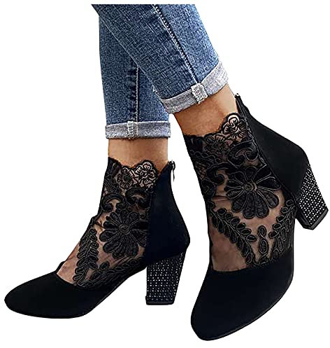 LLDG Damen Stiefeletten High Heels Chelsea Boots Absatz Atmungsaktive Mesh Ankle rutschfest Kurzschaft Retro Knöchel Stiefel Biker wasserdichte Combat Mode Outdoor Boots, Schwarz, 41 EU