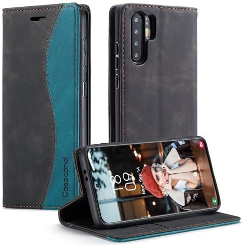 Casecond für Huawei P30 Pro Hülle Handyhülle Leder Flip Case Magnet Magnetisch Klappbar Kartenfach Klapphülle Wallet Lederhülle für Männer Frauen RFID Schutz Schutzhülle Schwarz und Blaugrün