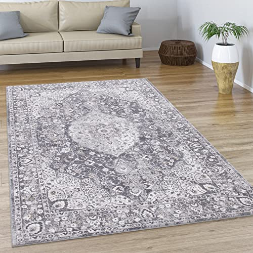 Paco Home Teppich Wohnzimmer Kurzflor Vintage Abstraktes Orientalisches Muster Modern Ornamente Bordüre, Grösse:120x170 cm, Farbe:Grau