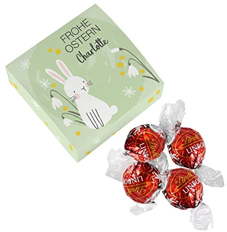 Herz & Heim® Personalisierte Geschenkverpackung mit 4 Pralinen/Kleine Aufmerksamkeit Ostern Hase