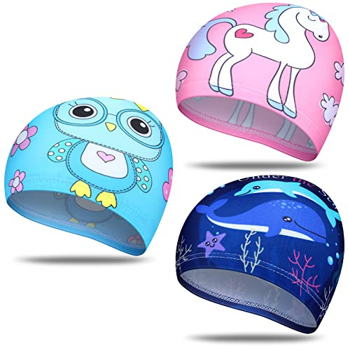 Geyoga 3 Pcs Kids Swim Caps for Boys Girls Age 2-12 Swimming Hat Pool Cap Child Swim Hat for Toddler Youth(Bright Style)