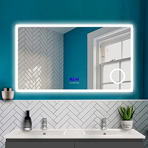HAPAOSO Badspiegel mit Beleuchtung 140x80cm, Badezimmer LED Spiegel mit Uhr + Bluetooth + Kaltweiß und Warmweiß Beleuchtung + 3X Vergrößerung + Beschlagfrei + Wandspiegel mit Touchschalter Horizontal