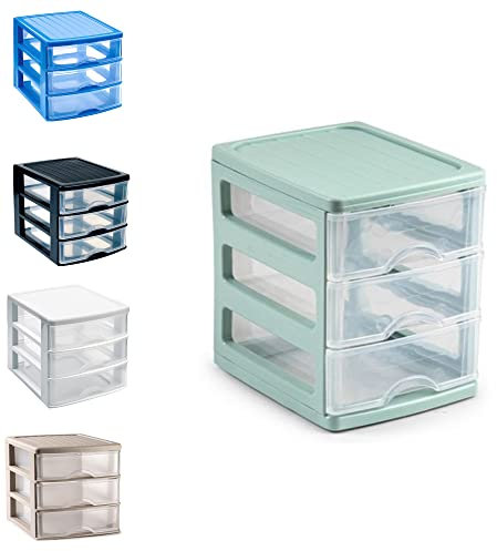 Plastic Desktop Storage Unit with Drawers, Stationary Arts Drawer Desktop Tabletop Organiser Storage Tower Unit for Office Bedroom Garage ((17 x 13.5 x 17cm, Mint Green with 3 Clear Drawers))