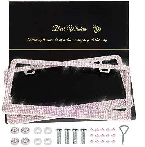 QUANQIUFEI Bling Kennzeichenrahmen für Damen, glitzernde Strass-Diamant-Autozubehör für Frauen, handgefertigtes Edelstahl-Auto-Kennzeichenabdeckung mit Glitzer-Kristallkappen, 2 Stück (Rosa)