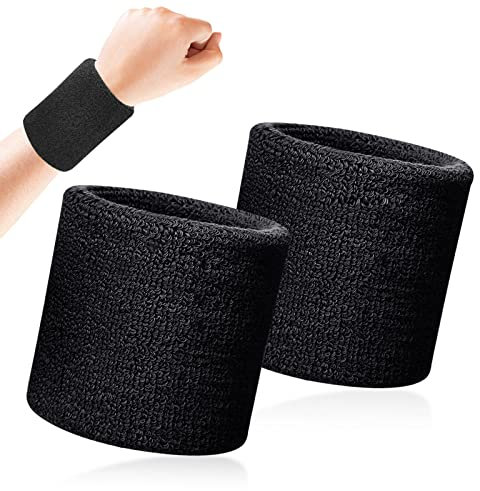 Quelcc 2 Stück Schweißbänder, Schweißband Handgelenk, Fitness Arm Schweißband, Sport Schweißband Armband Weiche Baumwolle, für Tennis, Handball & Laufen in Schwarz