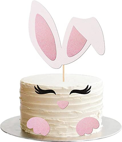 1 Stück Hasenohren Tortendeko, Cake Topper mit Glitter Wimpern Nase Pfote Happy Easter Kuchen Dekoration Cupcke Topper für Ostern Kaninchen Thema Baby Dusche Kinder Geburtstag Party Rosa Weiß