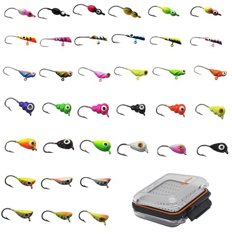 Alichino Ice Fishing Jig Set Ice Fishing Lures for Panfish Crappie, Ice Jig Head Hook Set (Lead ice jig Sets 6 Types 36 pcs with Box)