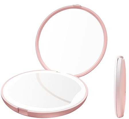 Miroir de Poche, LED Miroir de Poche Lumineux, Miroir de Maquillage de Voyage Éclairé par LED, Miroir de Voyage, Miroir de Maquillage Rechargeable, Miroir Compact Double Face Pliable 9x9 cm(Rose)