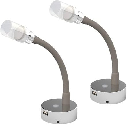 CamperXlite 2er Pack 2W Leselampe DC12V Wohnmobil Flexible Schwanenhals Dimmbar Leselampe Wandmontage mit 18W USB Schnellladegerät LED Leseleuchte für Boot Wohnwagen Van Yacht 3200K