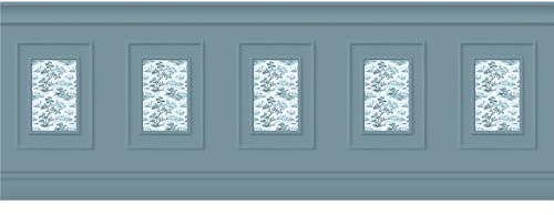 Papier peint panoramique, bleu toile de jouy bleue, effet trompe l'oeil, boiseries soubassement, 70 cm X 195 cm