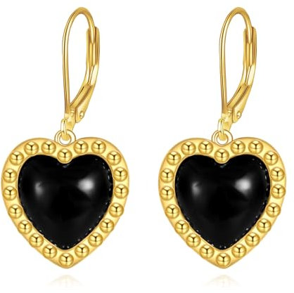 POPLYKE Gold plattiert Schwarz Onyx Stein Herz Ohrringe Sterling Silber Schwarz Turmalin Leverback Ohrringe Schmuck Geschenke für Frauen