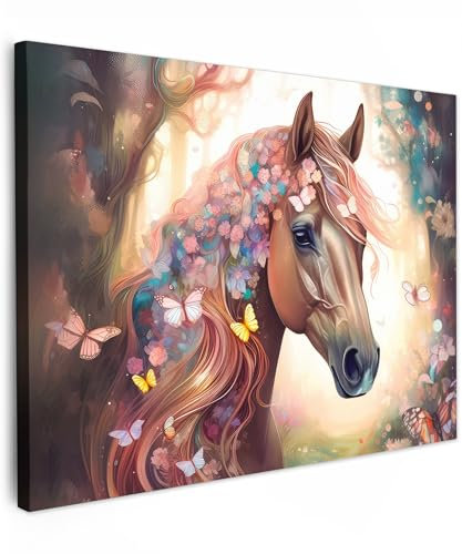 MuchoWow© Leinwände 70x50 cm Wall Decoration Bilder Kinderzimmer Mädchen Pictures Canvas Painting Wanddekoration Jugendzimmer Deko Mädchenzimmer Pferde - Natur - Blumen - Schmetterling