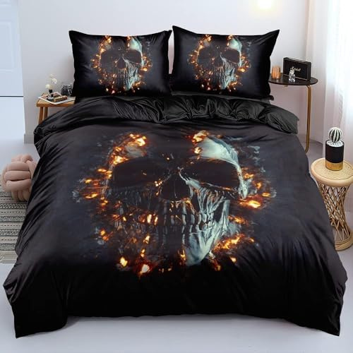 Luofanfei Totenkopf Bettwäsche 200x200 Skull Gothic 3D Schwarz Schädel Motiv Wende Bettwäsche Set Halloween Horror Muster Microfaser Gedruckt Bettbezug mit Reißverschluss