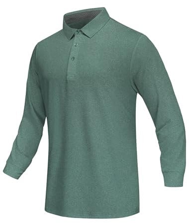 ANGEL CITIZ Mens Long Sleeve Polo Shirts Breathable Full Sleeve Collared Tops Moisture Wicking Work Tactical Shirts Green M