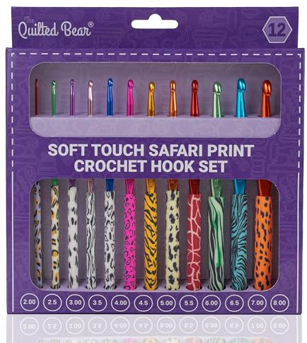The Quilted Bear Crochet Hook Set - Premium Soft Grip Safari Hooks with Ergonomic Polymer Clay Handle 12 (2mm, 2.5mm, 3mm, 3.5mm, 4mm, 4.5mm, 5mm, 5.5mm, 6mm, 6.5mm, 7mm & 8mm)