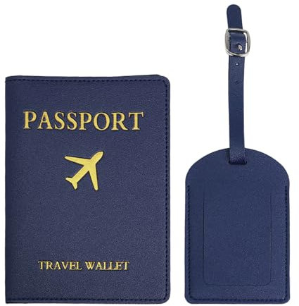 YMWALK Porta Passaporto e Etichette per Valigie, Custodia per Passaporto, Porta Carte di Credito e Documenti da Viaggio in Pelle PU, Set Accessori per Viaggi d'Affari (Blu Scuro)