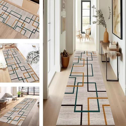 SUCERU Teppich Läufer Flur Diele Küche rutschfest Waschbar Dauerhaft 90X300CM Grau Grün Orange Schwarz Teppichläufer für Wohnzimmer Korridor Schlafzimmer Büro Esszimmer Flurläufer Anpassbar Meterware