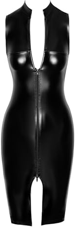 Noir Handmade F337 halblanges Wetlook Kleid, Club Wear, Elegantes Wetlook-Kleid mit Stehkragen, 2-Wege-Reißverschluss und freiem Dekolleté XL