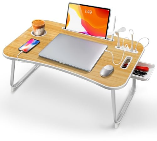 ICARE Table de Lit, Support Ordinateur Portable Lit, Bureau de Lit avec 4 USB, Tablette Support, Tiroir, Poignée et Porte-gobelet, Plateau pour Lit, Canapé, Sol (60x40cm, Couleur du Bois)