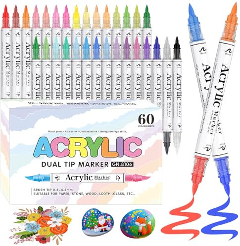 Funnasting 60 Colours Acrylic Paint Pens, 30 Pack Dual Tip Acrylic Markers, Water-based Acrylic Pens for Glass, Fabric, Ceramic, Egg, Rock Painting and DIY Crafts Art Supplies