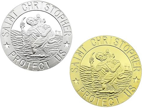 FDJZXW Glücksbringer Auto 2 Stück Heiliger Christophorus Auto,Heiliger Christophorus Auto Plaketten Silber und Gold Heilige Christophorus Medaille ist EIN Religiöses Geschenk für Autofahrer,Familie