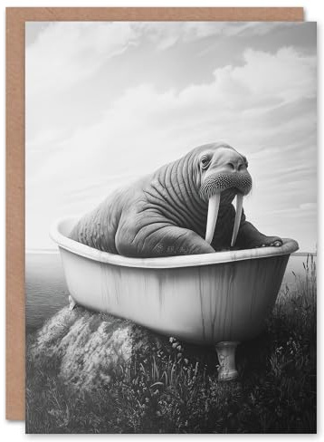 Artery8 Greeting Card Walrus in Bathtub Black White Coastal Surreal Blank For Him Or Her Art Birthday Card