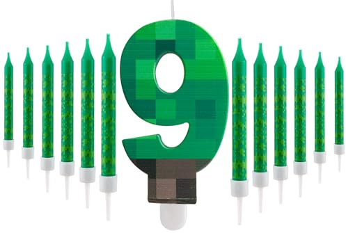 FUNCANDLE Pixel 9 Geburtstagskerzen Set,3.74inch Pixel 9 Nummer mit 12pcs Grün Eine Kerze,Dekoration Jungen und Mädchen Cartoon Gaming Themen Geburtstag Party