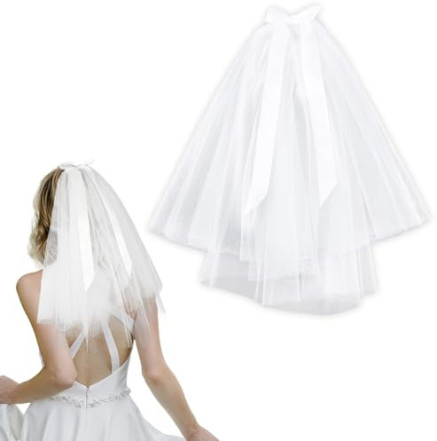HekouJiub Schleier Braut Hochzeit Brautschleier Kurz Schleier mit Schleife Traumhochzeit Braut Kostüm Damen Haarreif Schleife Hochzeitsschleier Kurzer Tüll für Hochzeiten Reisen Partys