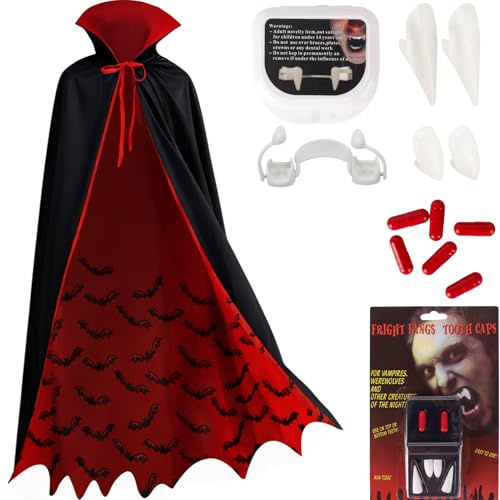 Ensemble de costume de vampire, 90/120/150 cm Costume gothique royal de vampire pour enfants avec ourlet chauve-souris, dents de vampirer,dents rétractables et faux sang, costumi d'Halloween garçons
