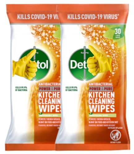 Twin Pack Power and Pure Antibacterial Kitchen Cleaning Wipes – Biodegradable, 2 x 30 Wipes – Det