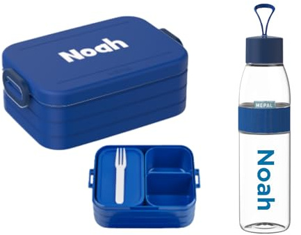 Mepal Set – Personalisierte Bento Lunchbox & Trinkflasche 500 ml – Brotdose mit Namen für Kinder & Erwachsene – BPA-frei – Schule, Büro & unterwegs – Vivid blue
