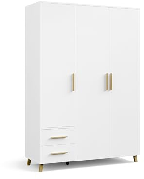 Rauch Möbel Shinjo Kleiderschrank für Schlafzimmer, Kinderzimmer, Babyzimmer, 3-türig, 2 Schubladen mit Zubehör Classic, Griffe und Füße aus Massivholz, Farbe Weiß, 140x203x53cm