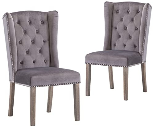 LoogCape Esszimmerstühle 2er Set, Grau Samtbezug, Massivholzbeine, 55x69x108,5 cm, Polsterstuhl mit Knopfleiste & Nieten, Dining Chairs für Küche & Esszimmer