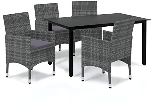 HFXHIJXQ 5-TLG Gartenmöbel Set 150x90 cm mit Glastisch & Poly-Rattan Stühlen, wetterfest, dunkle Sitzkissen, für Terrasse Balkon