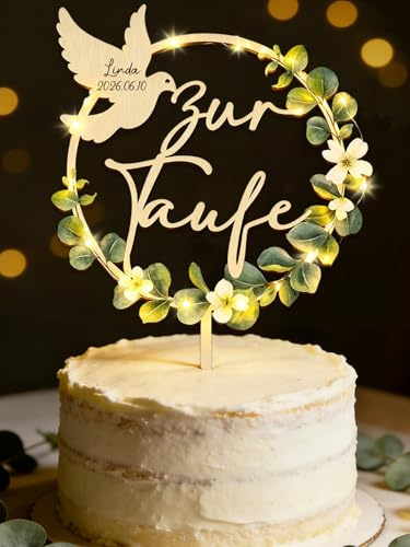 Tortendeko Taufe mit LED Lichterkette, Cake Topper Zur Taufe aus Holz | Eukalyptus Tortenstecker Deko Junge Mädchen Geschenke Gastgeschenke, Elegant Kuchen Deko Taufdeko Taufgeschenke