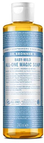 Dr Bronner's All-in-1 Baby Mild Magic Soap, Unscented Pure Castile Liquid Soap, Made with Organic Oils, Used for Face, Hair, Babies, Laundry and Dishes, Certified Fair Trade & Vegan Friendly, 240 ml
