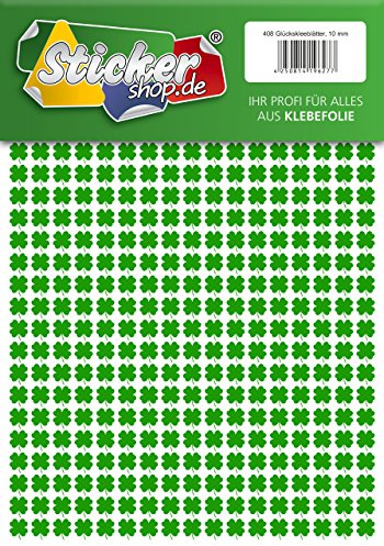 408 vierblättrige Kleeblätter, 10 mm, aus PVC Folie, selbstklebend, wetterfest, Glücksbringer Sticker Aufkleber