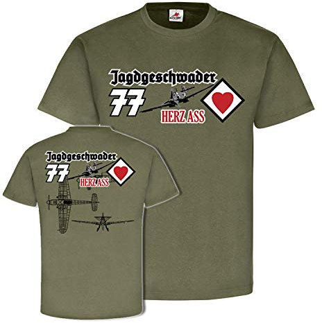 JG 77 Herz Ass Jagdgeschwader Me109 Luftwaffe Jagd-Flugzeug Alfashirt Wappen Abzeichen T-Shirt #21476, Größe:XL, Farbe:Oliv