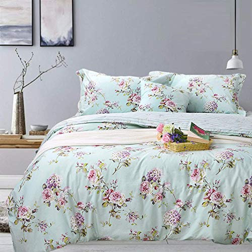 FADFAY French Country Duvet Cover Set King/California King 100% Cotton Floral Bedding Farmhouse Hydrangea Flower and Rose Floral Shabby Comforter Covers with Hidden Zipper - No Filling