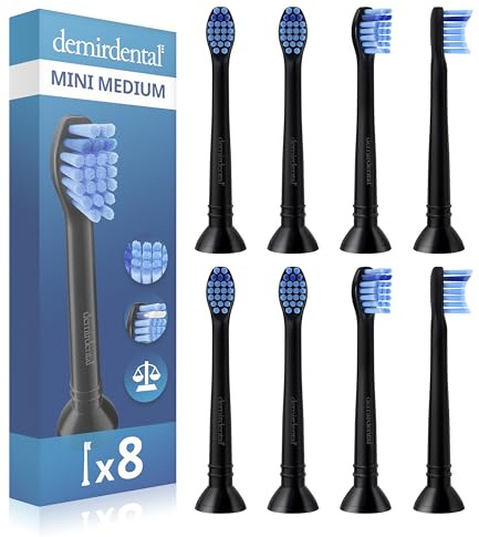 8er demirdental Ersatzbürsten passend für Philips Sonicare, Mini Medium | Kleine mittelharte Aufsteckbürsten entsprechend HX6024, schadstoffgeprüft, inkl. 8 Schutzkappen & 4 Farbringe, Schwarz