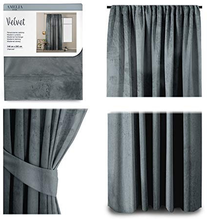AmeliaHome Vorhang Velvet Optik 140x245 cm anthrazit 1 St. Kräuselband Samt Verdunkelungsvorhang Fensterdekoration Leicht Schimmernd Dekoschal Dekorvorhang, 69940, Kräuselband 140x245 cm