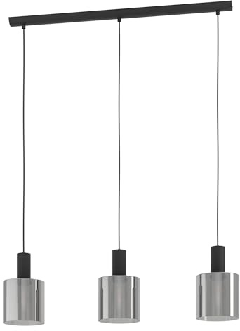 EGLO Hängelampe Gorosiba, Pendelleuchte Esstisch Rauchglas | 3-flammige Deckenlampe hängend aus Glas in Schwarz bedampft und Metall in Schwarz, E27 Fassung, L 85 cm