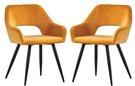 JYMTOM 2er-Set Samt-Esszimmerstuhl mit, gepolsterte Sitzfläche mit offener Rückenlehne, modernes Design, Esszimmersesel mit Metallbeinen, für Esszimmer, Wohnzimmer und Küche (2, gelb)