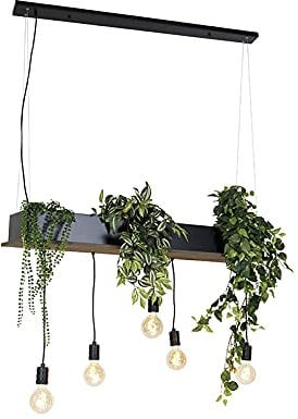 Qazqa - Landhaus I Vintage Land Hängelampe I Pendellampe I Pendelleuchte schwarz mit Holz 5-flammig-Licht - Flair I Wohnzimmer I Schlafzimmer - Stahl Länglich - LED geeignet E27