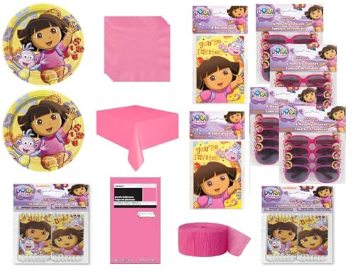 Dora the Explorer Birthday Party Supplies Bundle for 16 includes Plates, Napkins, Table Cover, Party Invitations, Party Favor Glasses, Mini Notebooks, Streamer