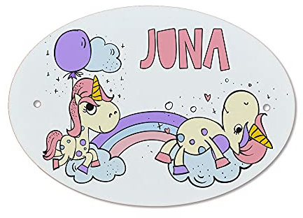 FEENSTAUB Türschild Kinderzimmer mit Name personalisiert, Einhorn Regenbogen, Türnamenschilder Kinderzimmer, Tür Namensschild, Tür Schild mit Name, Türbeschilderung, Ovales Kunststoffschild