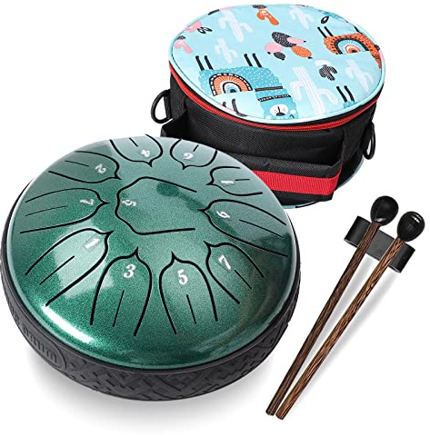 Ubblove Steel Tongue Drum 11 Noten 15,2 cm Handpan Drum Percussion Instruments with Mallets Bag for Meditation Musical Education Concert Party Gifts - Green